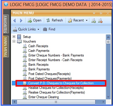 fmcg convert post dated cheques to chq fr collection menu